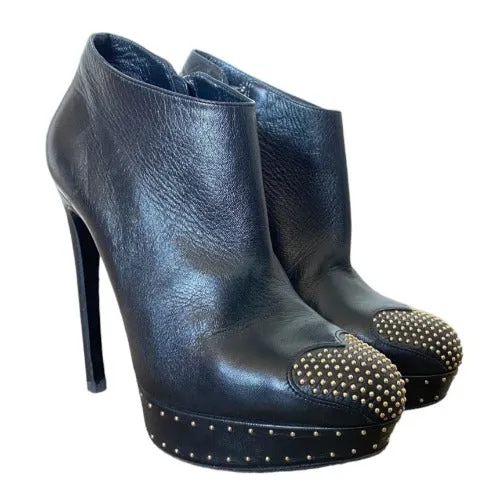 ALEXANDER MCQUEEN Black Leather Studded Heart-Toe Platform Bootie, Size 39