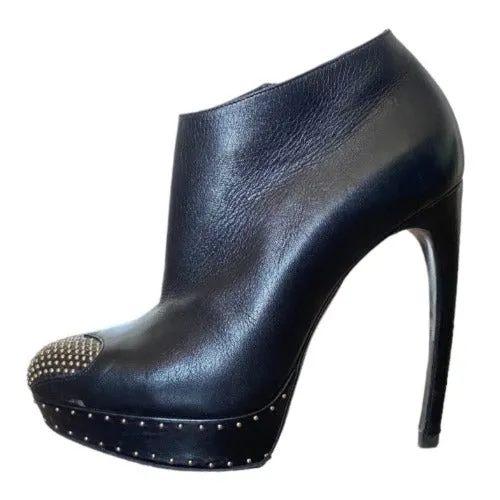 ALEXANDER MCQUEEN Black Leather Studded Heart-Toe Platform Bootie, Size 39