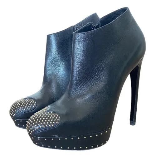 ALEXANDER MCQUEEN Black Leather Studded Heart-Toe Platform Bootie, Size 39