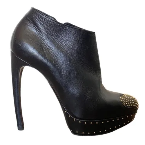 ALEXANDER MCQUEEN Black Leather Studded Heart-Toe Platform Bootie, Size 39