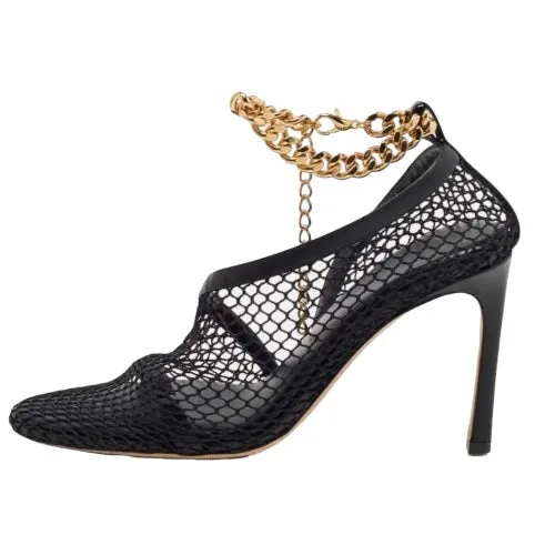 BOTTEGA VENETA Black Mesh & Leather Trims Chain Ankle Strap Cuff Pumps, Size 41