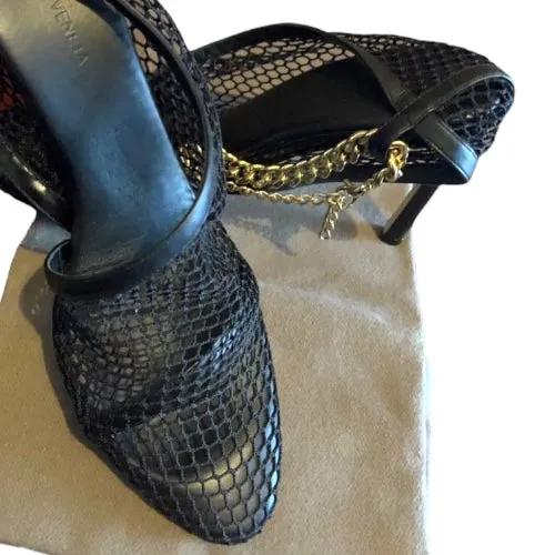 BOTTEGA VENETA Black Mesh & Leather Trims Chain Ankle Strap Cuff Pumps, Size 41