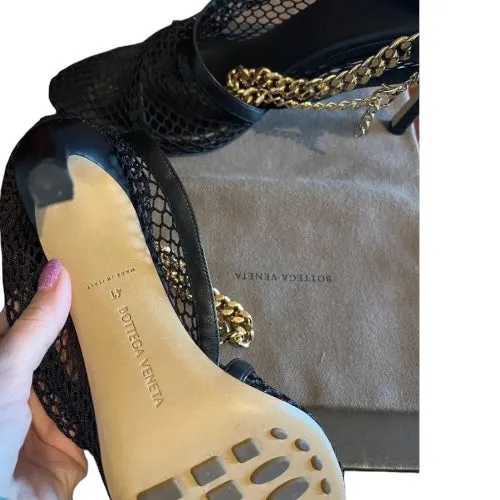 BOTTEGA VENETA Black Mesh & Leather Trims Chain Ankle Strap Cuff Pumps, Size 41