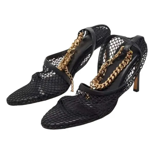 BOTTEGA VENETA Black Mesh & Leather Trims Chain Ankle Strap Cuff Pumps, Size 41