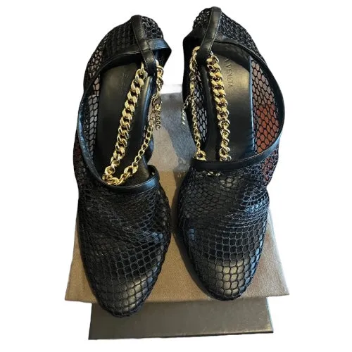 BOTTEGA VENETA Black Mesh & Leather Trims Chain Ankle Strap Cuff Pumps, Size 41