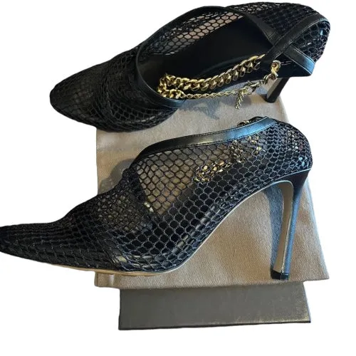 BOTTEGA VENETA Black Mesh & Leather Trims Chain Ankle Strap Cuff Pumps, Size 41