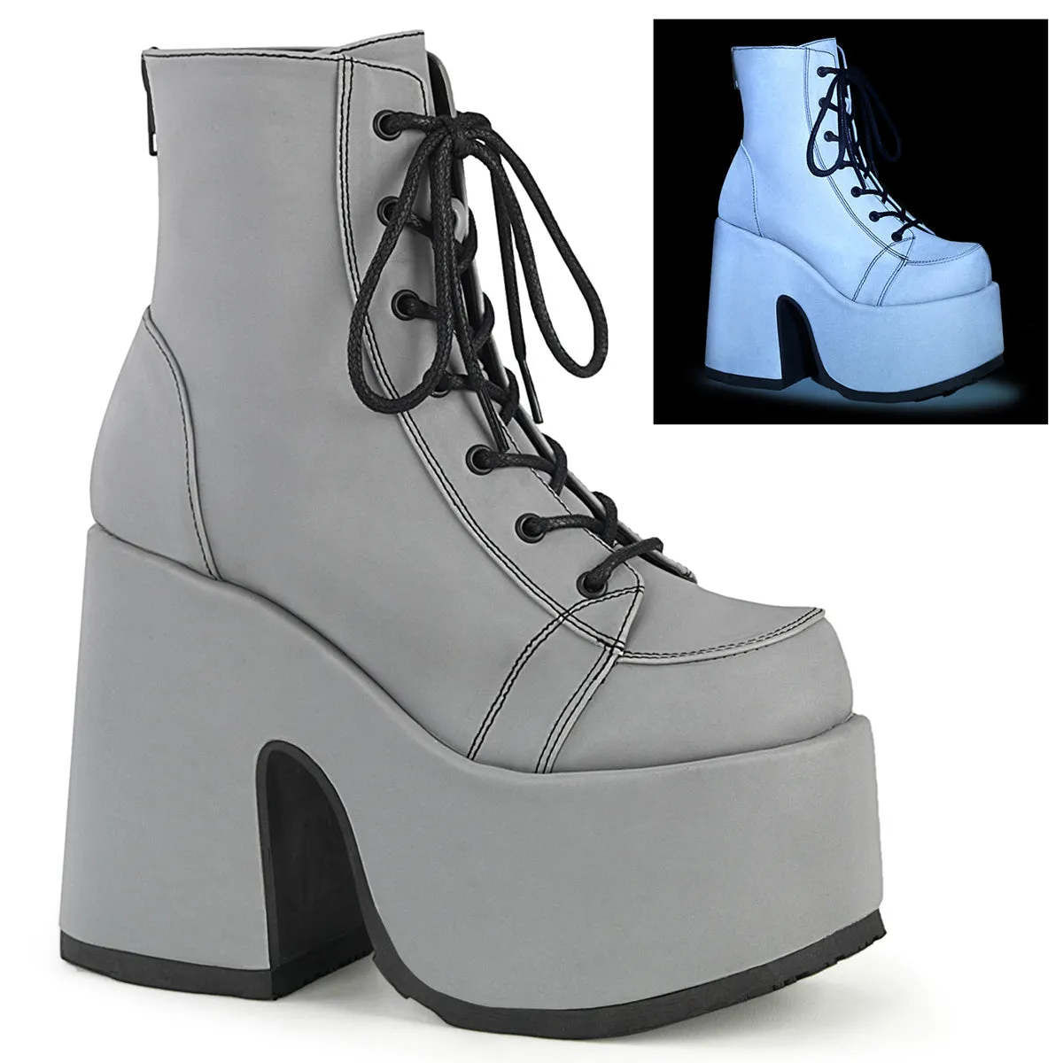CAMEL-203 DemoniaCult Alternative Footwear Grey Reflective Ankle Boots