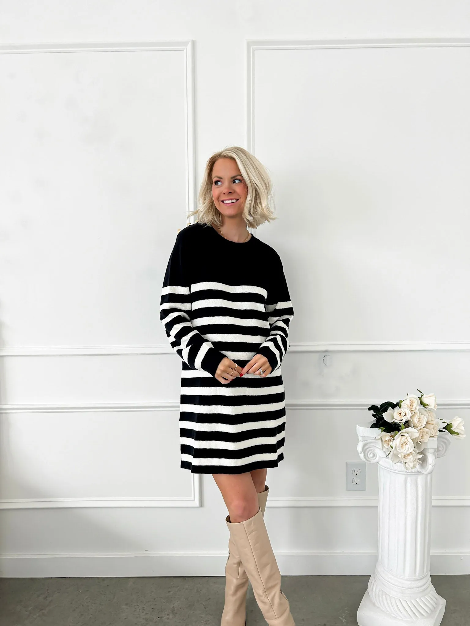 Classic In Every Way Black Striped Sweater Dress