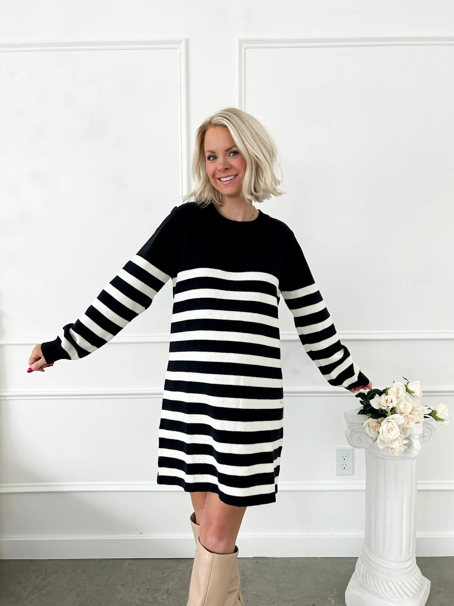 Classic In Every Way Black Striped Sweater Dress