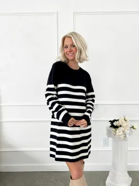 Classic In Every Way Black Striped Sweater Dress