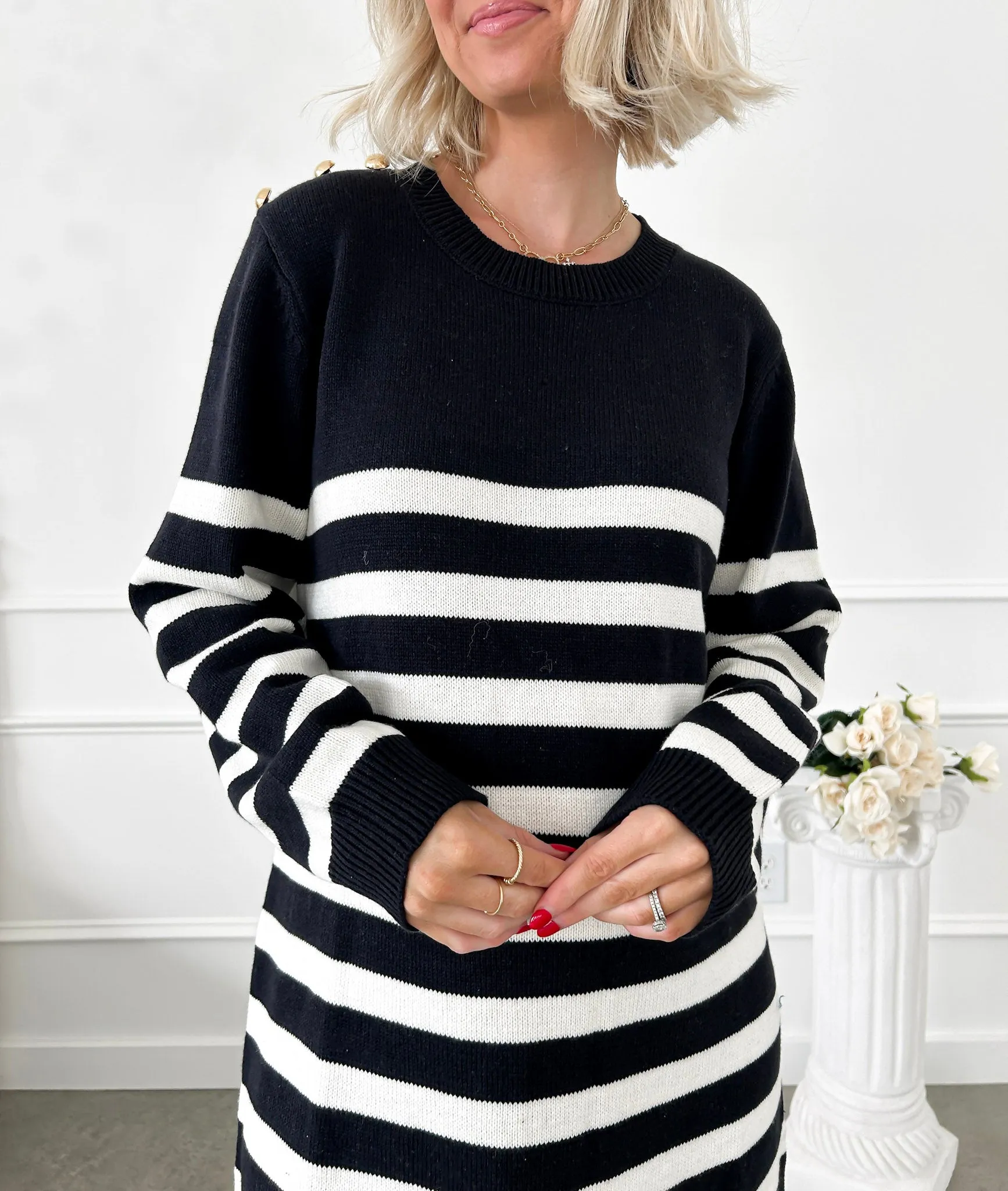 Classic In Every Way Black Striped Sweater Dress