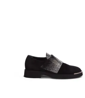 Crystal-embellished black suede loafers