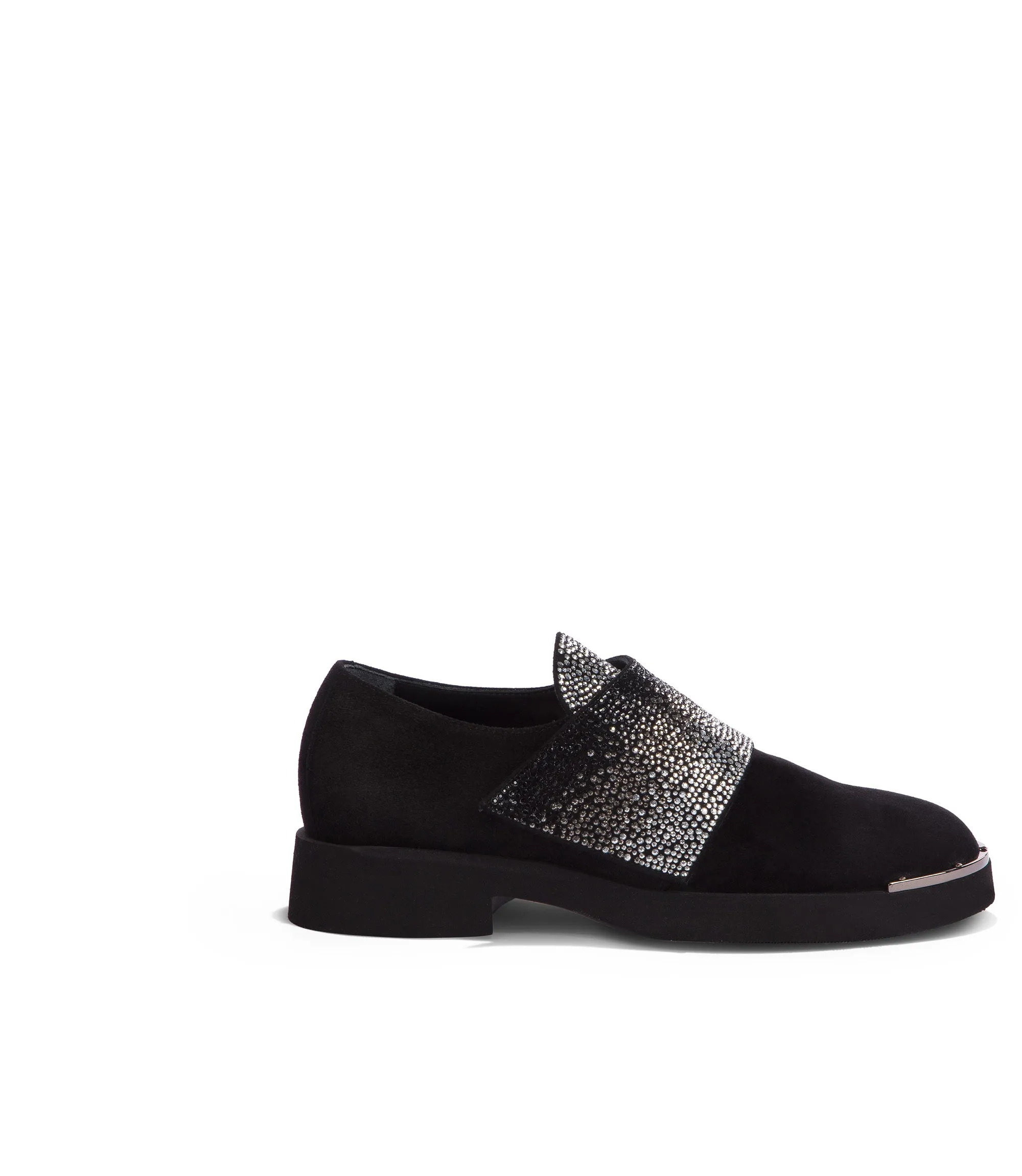 Crystal-embellished black suede loafers