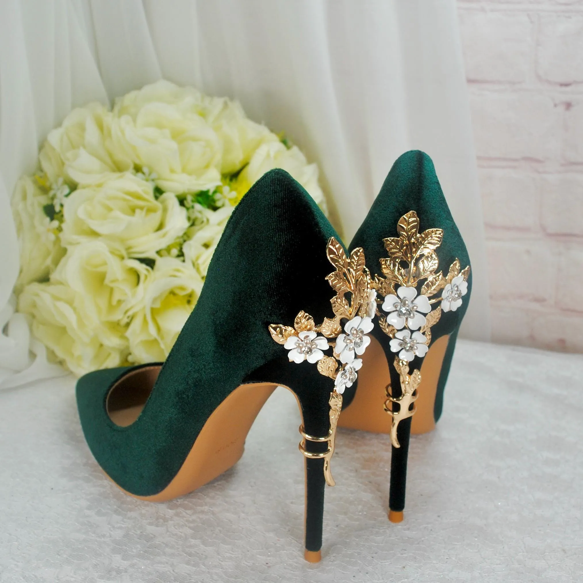 Dark Emerald Green Luxury Velvet High Heels with Gold Floral Heel UK6/US8.5