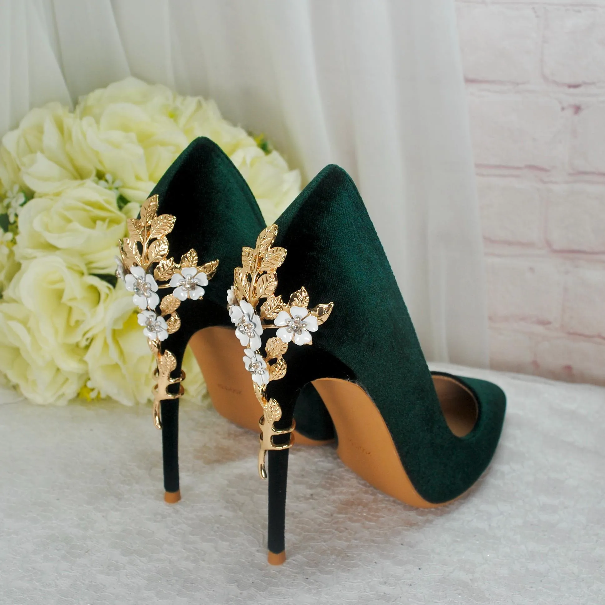 Dark Emerald Green Luxury Velvet High Heels with Gold Floral Heel UK6/US8.5
