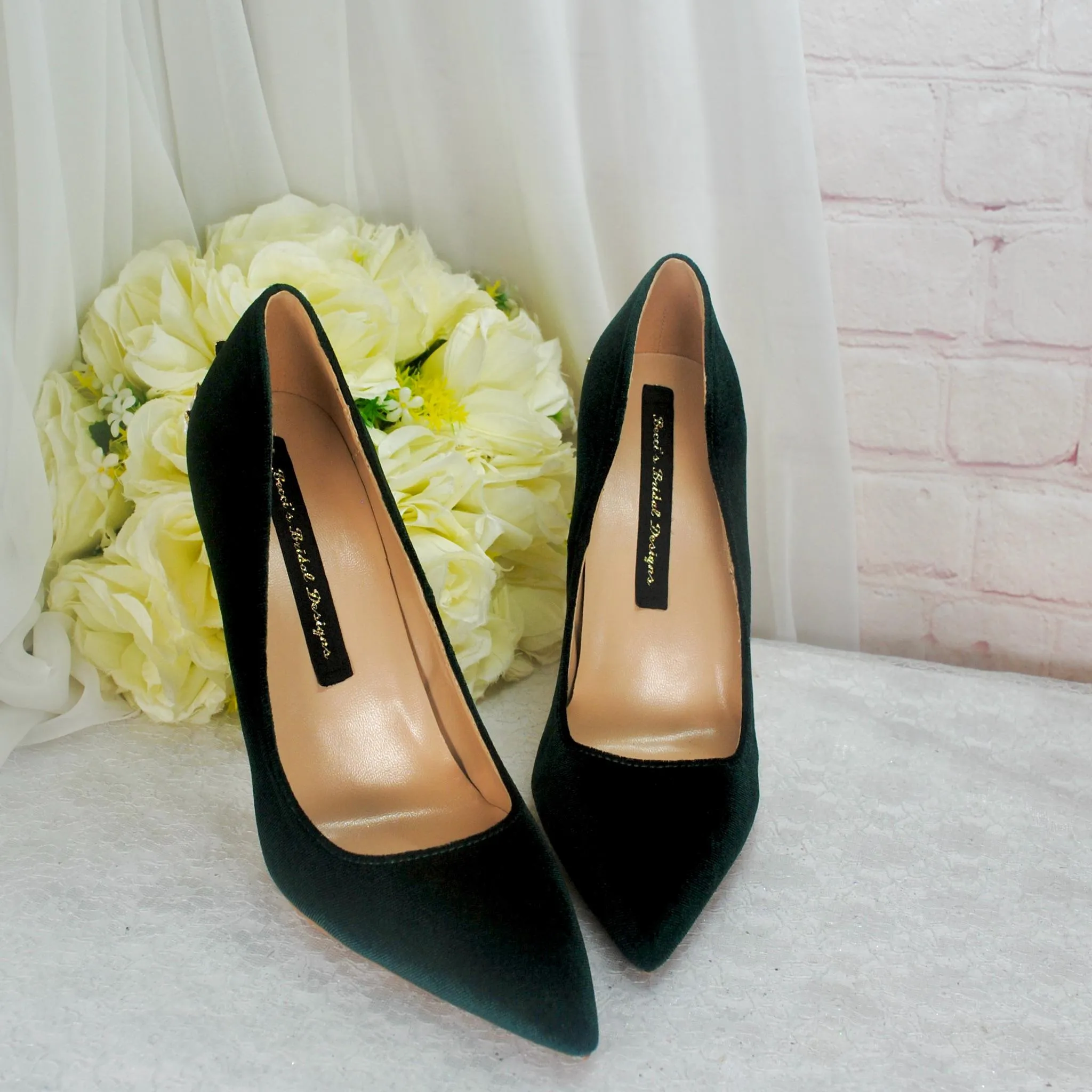 Dark Emerald Green Luxury Velvet High Heels with Gold Floral Heel UK6/US8.5