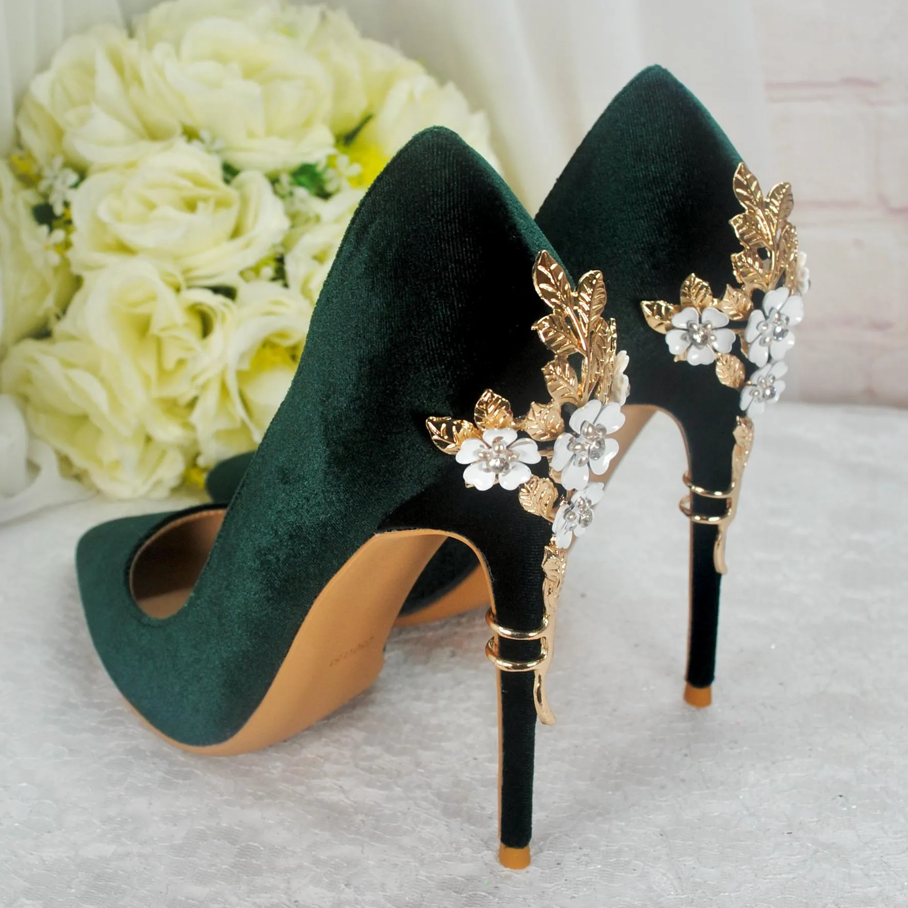 Dark Emerald Green Luxury Velvet High Heels with Gold Floral Heel UK6/US8.5