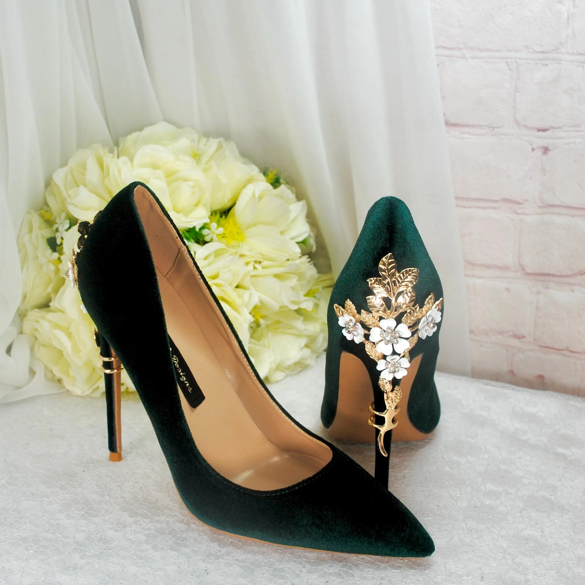 Dark Emerald Green Luxury Velvet High Heels with Gold Floral Heel UK6/US8.5