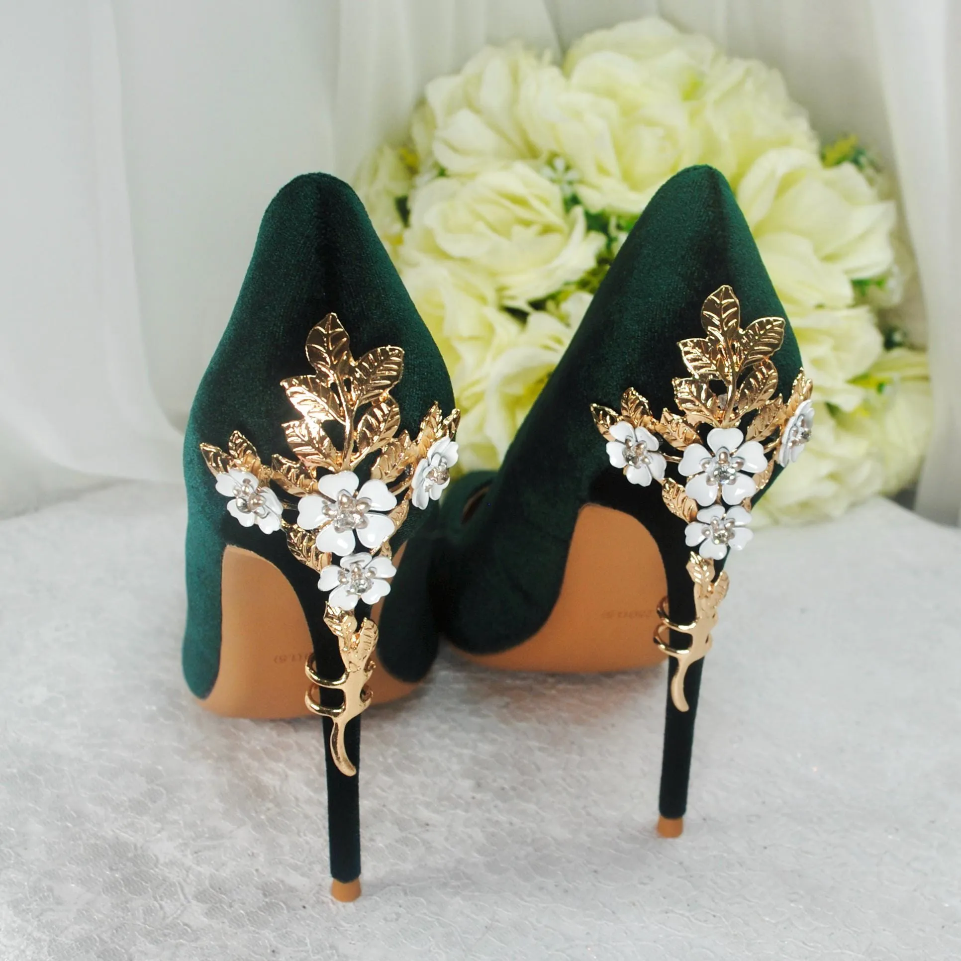 Dark Emerald Green Luxury Velvet High Heels with Gold Floral Heel UK6/US8.5
