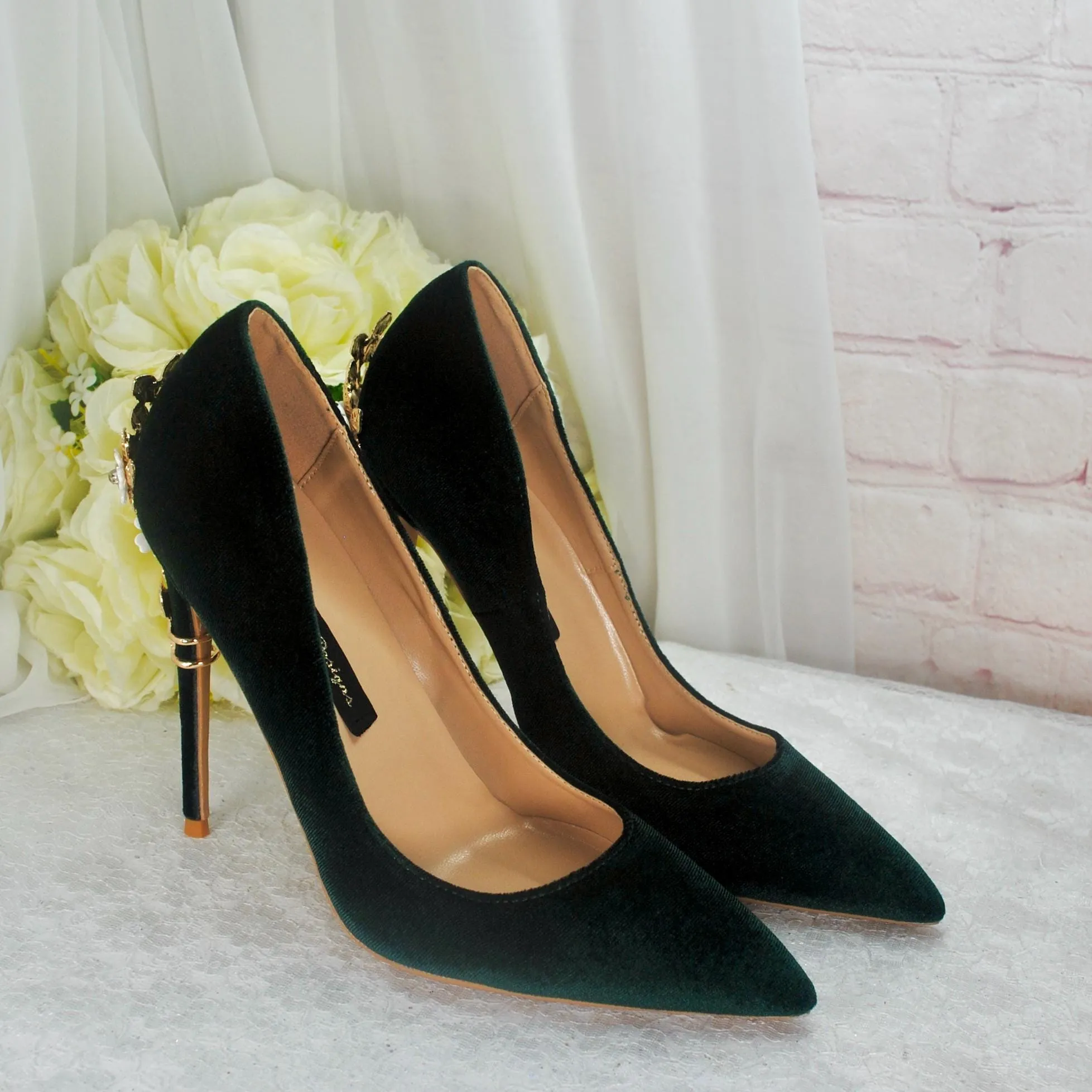 Dark Emerald Green Luxury Velvet High Heels with Gold Floral Heel UK6/US8.5