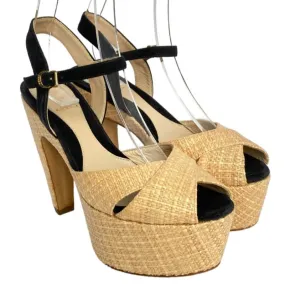 FENDI Beige Straw, Black Suede Ankle Strap Platform Heels Sandals, Size 37