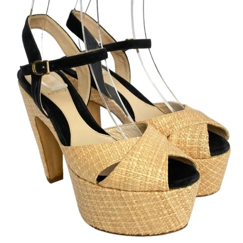 FENDI Beige Straw, Black Suede Ankle Strap Platform Heels Sandals, Size 37