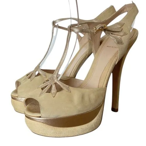 FENDI Beige Suede T Bar Ankle Strap Platform Sandals, Size 38