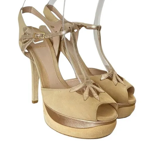 FENDI Beige Suede T Bar Ankle Strap Platform Sandals, Size 38