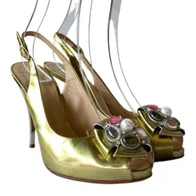GIUSEPPE ZANOTTI Gold Patent Leather Rhinestone Slingback Pumps & Bag, Size 38.5