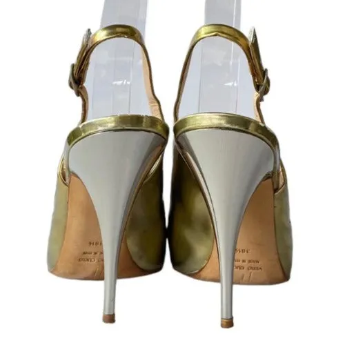GIUSEPPE ZANOTTI Gold Patent Leather Rhinestone Slingback Pumps & Bag, Size 38.5