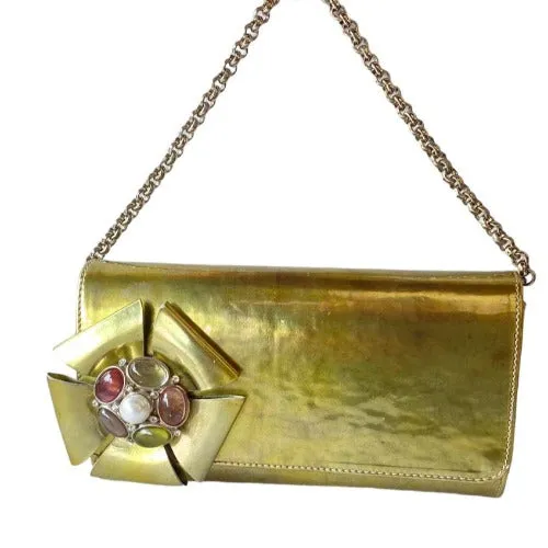 GIUSEPPE ZANOTTI Gold Patent Leather Rhinestone Slingback Pumps & Bag, Size 38.5