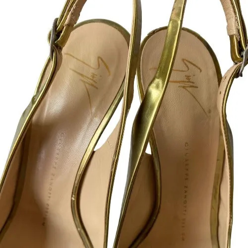 GIUSEPPE ZANOTTI Gold Patent Leather Rhinestone Slingback Pumps & Bag, Size 38.5