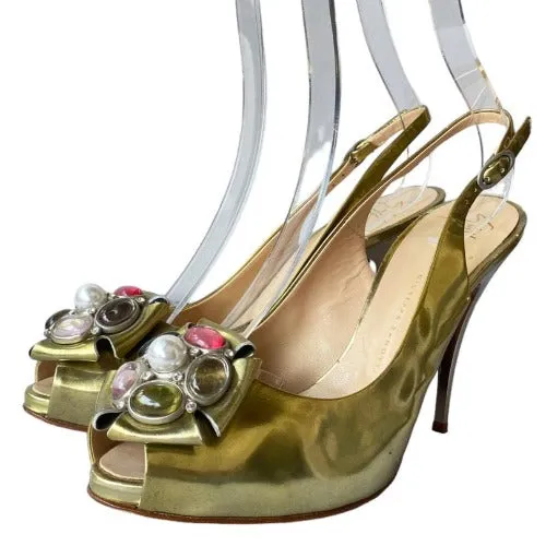 GIUSEPPE ZANOTTI Gold Patent Leather Rhinestone Slingback Pumps & Bag, Size 38.5