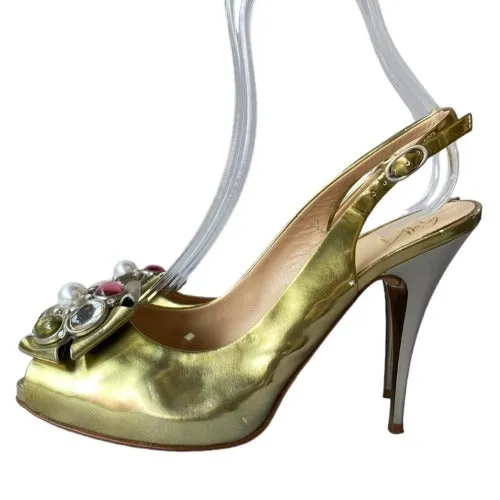 GIUSEPPE ZANOTTI Gold Patent Leather Rhinestone Slingback Pumps & Bag, Size 38.5