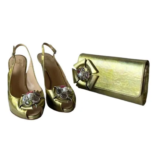 GIUSEPPE ZANOTTI Gold Patent Leather Rhinestone Slingback Pumps & Bag, Size 38.5
