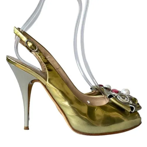 GIUSEPPE ZANOTTI Gold Patent Leather Rhinestone Slingback Pumps & Bag, Size 38.5