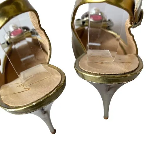 GIUSEPPE ZANOTTI Gold Patent Leather Rhinestone Slingback Pumps & Bag, Size 38.5