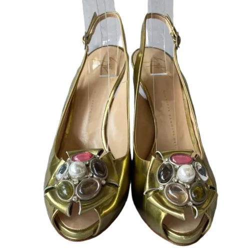 GIUSEPPE ZANOTTI Gold Patent Leather Rhinestone Slingback Pumps & Bag, Size 38.5