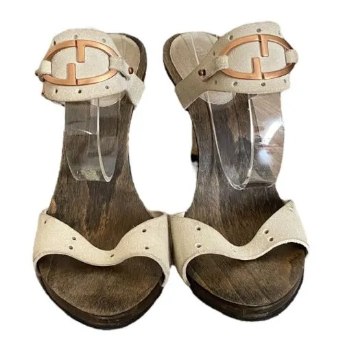 GUCCI Beige Suede GG Logo Buckle, Open Toe Wood Clog Platform Mules, Size 35.5