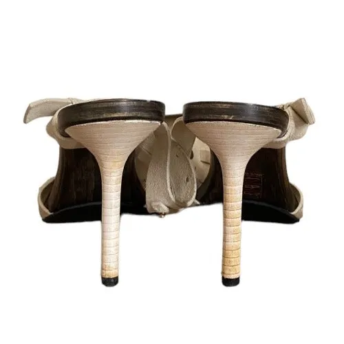 GUCCI Beige Suede GG Logo Buckle, Open Toe Wood Clog Platform Mules, Size 35.5