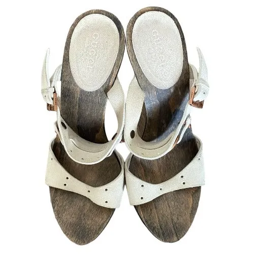 GUCCI Beige Suede GG Logo Buckle, Open Toe Wood Clog Platform Mules, Size 35.5