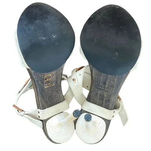 GUCCI Beige Suede GG Logo Buckle, Open Toe Wood Clog Platform Mules, Size 35.5