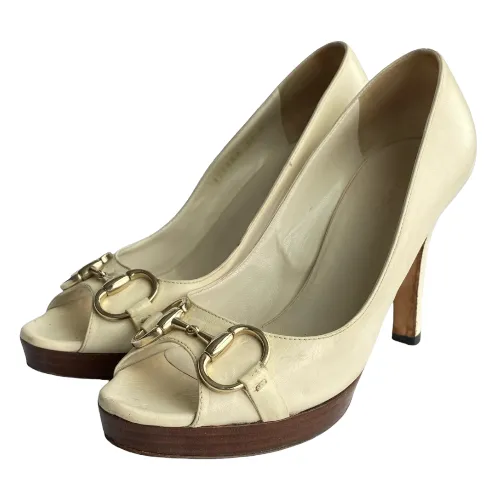 GUCCI White Leather Horsebit Wooden Platform Peep Toe Pumps, Size 37 C