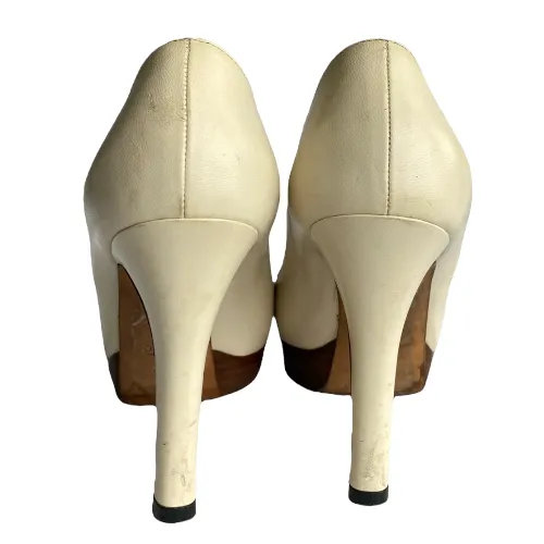 GUCCI White Leather Horsebit Wooden Platform Peep Toe Pumps, Size 37 C