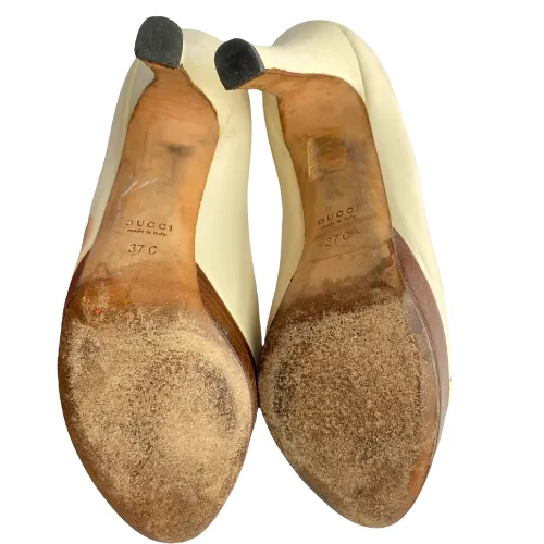 GUCCI White Leather Horsebit Wooden Platform Peep Toe Pumps, Size 37 C