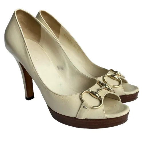GUCCI White Leather Horsebit Wooden Platform Peep Toe Pumps, Size 37 C