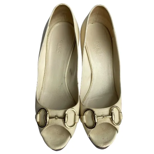 GUCCI White Leather Horsebit Wooden Platform Peep Toe Pumps, Size 37 C