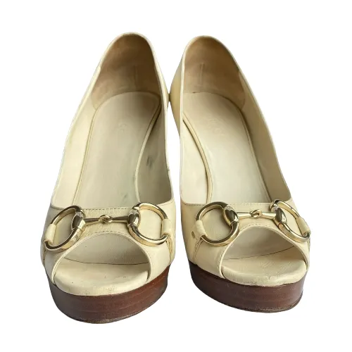 GUCCI White Leather Horsebit Wooden Platform Peep Toe Pumps, Size 37 C