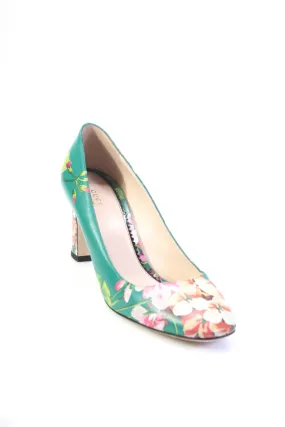 Gucci Womens Block Heel Round Toe Floral Pumps Green Leather