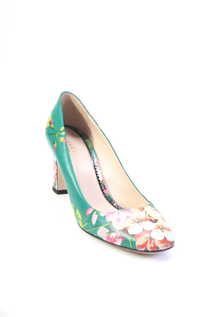 Gucci Womens Block Heel Round Toe Floral Pumps Green Leather